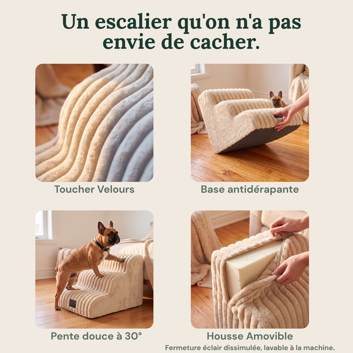 Les quatre atouts de l'escalier Nuage : mousse à mémoire de forme, base antidérapante, housse lavable, silencieux