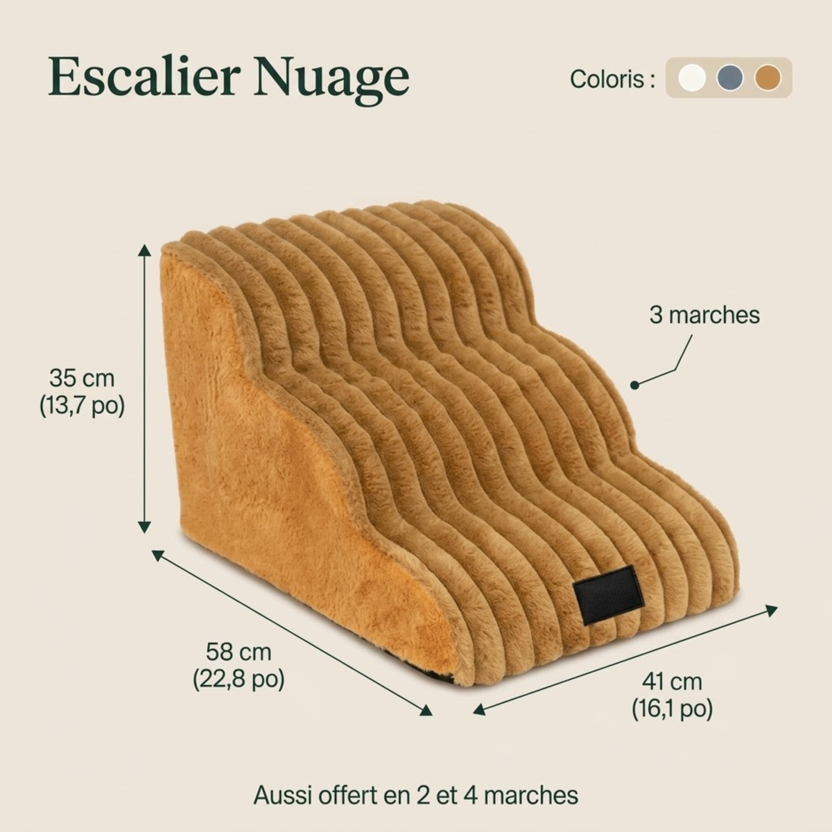 Cotes de l'escalier pour chien Nuage 3 marches : 58 x 41 x 35 cm