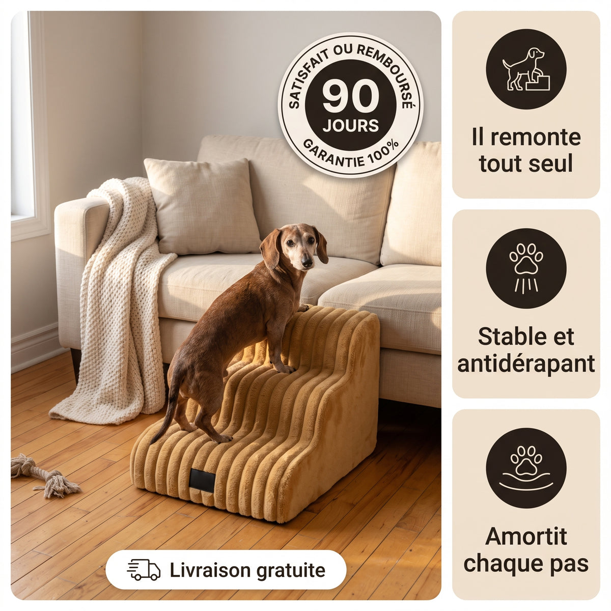 Escalier pour chien Nuage coloris Caramel placé contre un sofa beige dans un salon