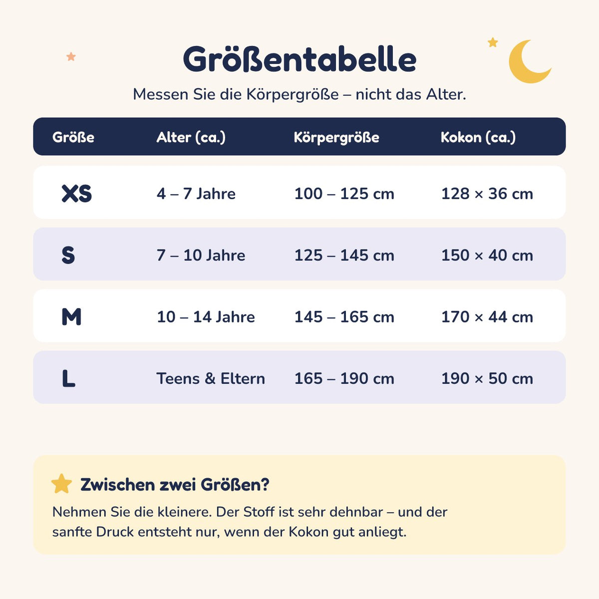 Größentabelle Umarmi Kokon XS bis L